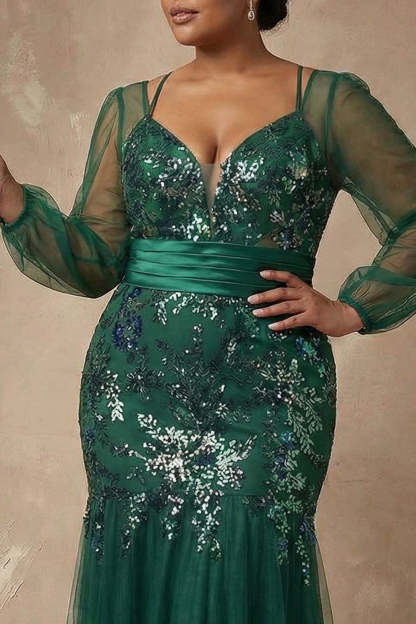 Dark Green Sparkly Appliqued Floral Mermaid Long Sleeves Mother of the Bride Dress