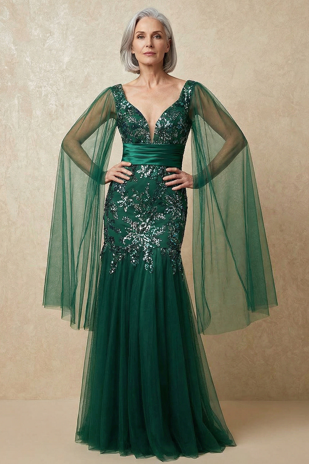 Dark Green Sparkly Appliqued Mermaid Floral Long Mother of the Bride Dress with Cape