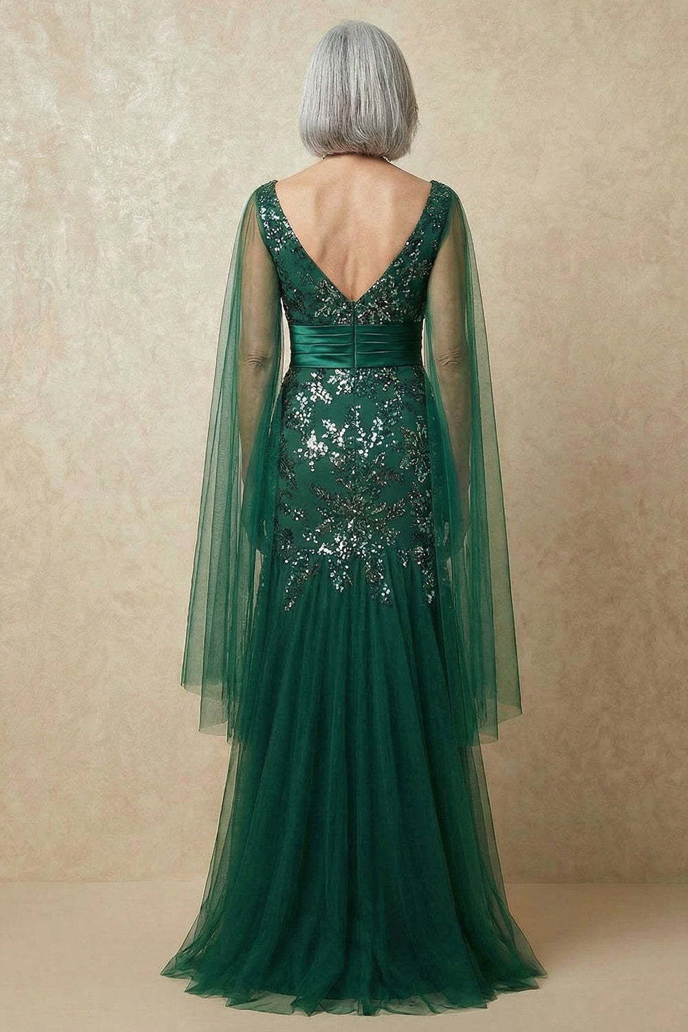 Dark Green Sparkly Appliqued Mermaid Floral Long Mother of the Bride Dress with Cape