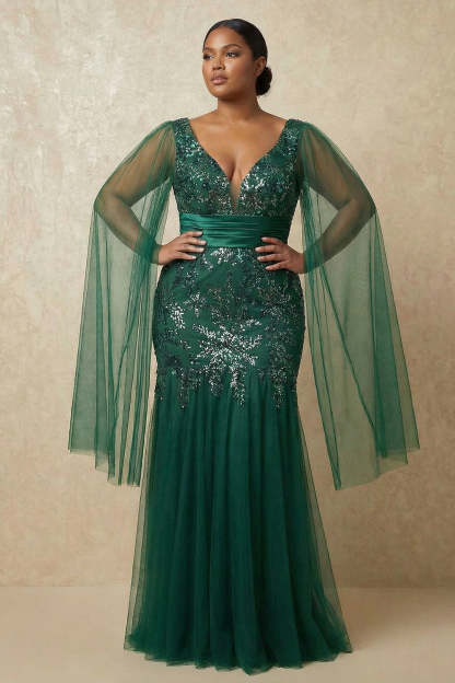 Dark Green Sparkly Appliqued Mermaid Floral Long Mother of the Bride Dress with Cape