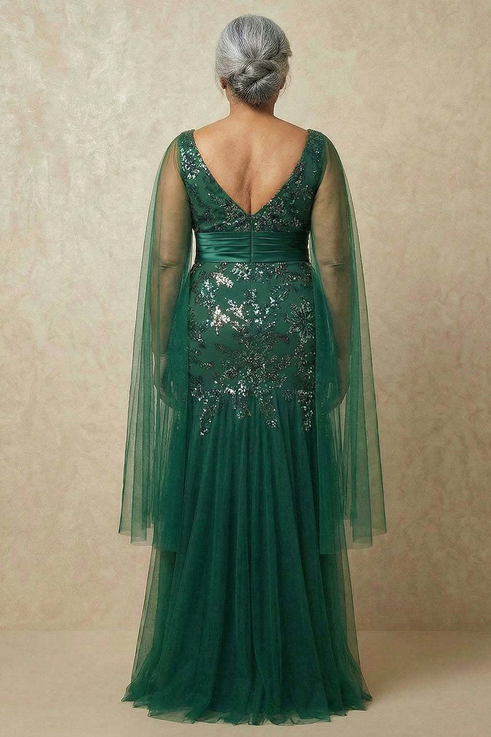 Dark Green Sparkly Appliqued Mermaid Floral Long Mother of the Bride Dress with Cape