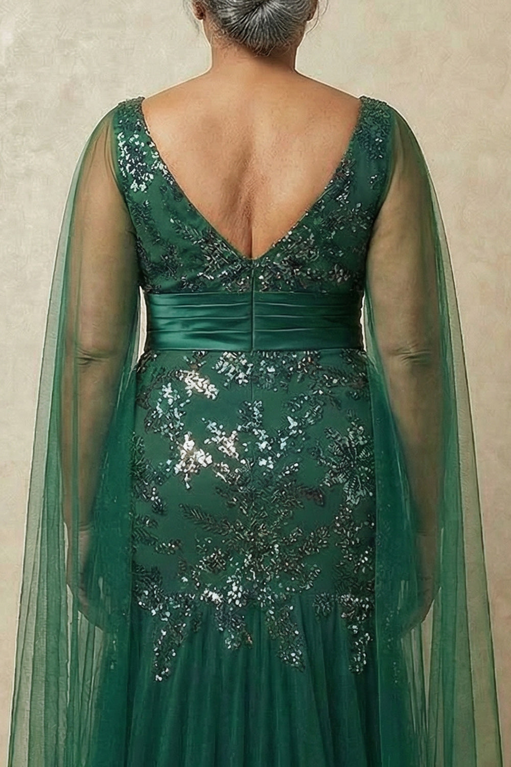 Dark Green Sparkly Appliqued Mermaid Floral Long Mother of the Bride Dress with Cape