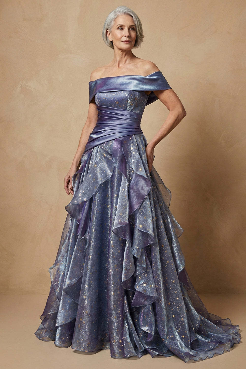 Leely Women Dusty Blue Long Ruffled Glitter Mother of the Bride Dress Satin Off the Shoulder Ruched A Line Mother of the Groom Dress