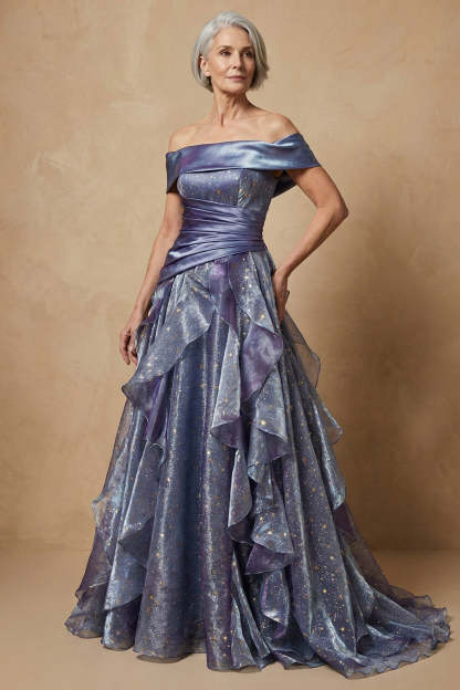 Leely Women Dusty Blue Long Ruffled Glitter Mother of the Bride Dress Satin Off the Shoulder Ruched A Line Mother of the Groom Dress