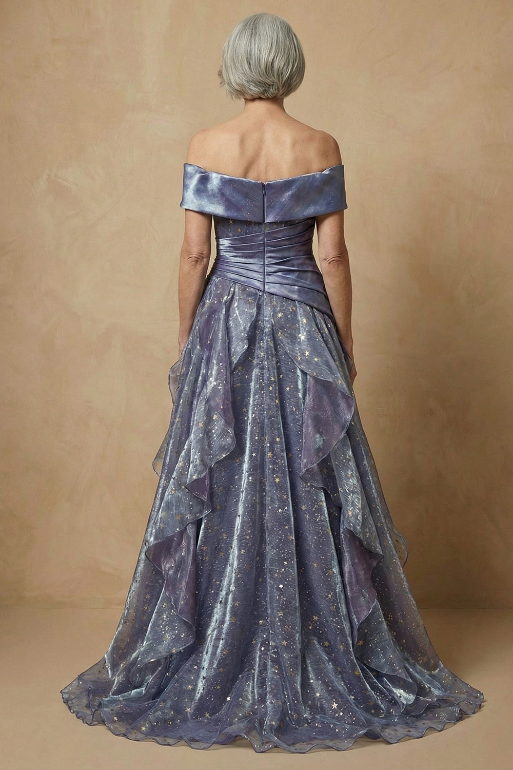 Dusty Blue Ruffled Off the Shoulder Glitter Long Prom Dress Mother of the Bride Dress