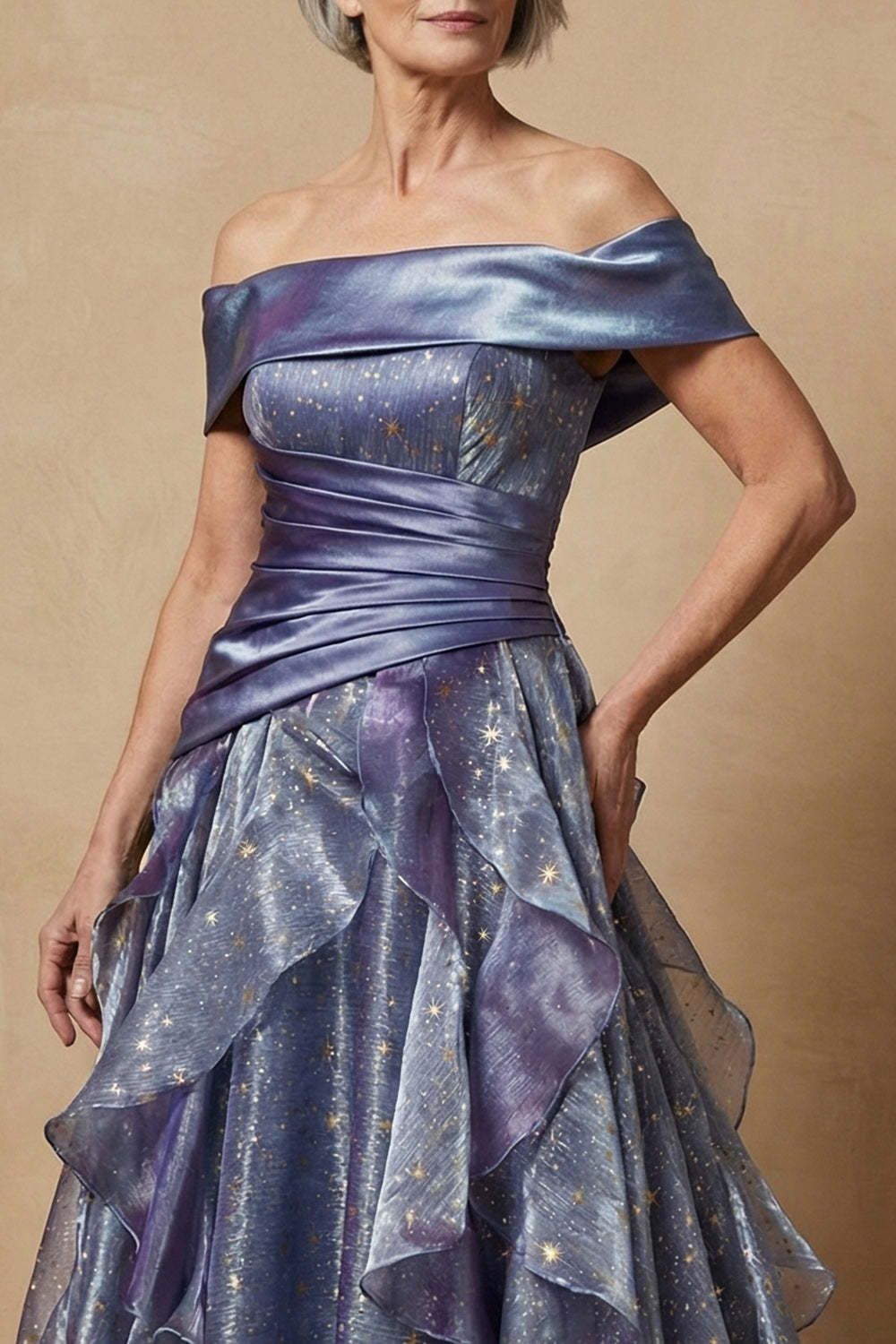 Dusty Blue Ruffled Off the Shoulder Glitter Long Prom Dress Mother of the Bride Dress
