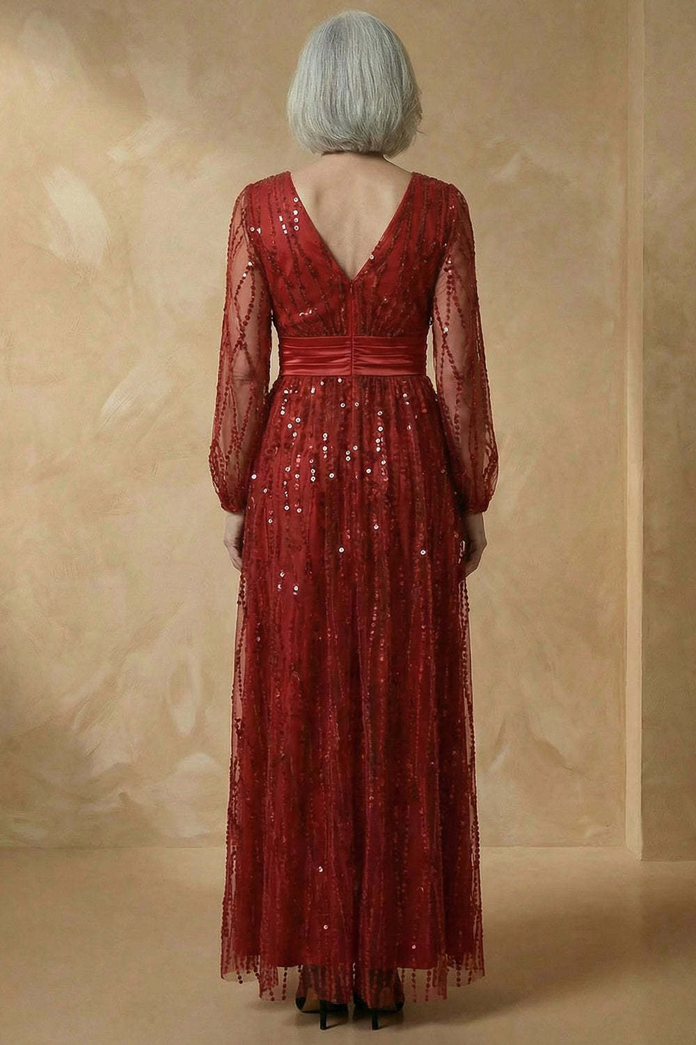 Burgundy Sparkly V Neck Sequin A Line Long Mother of the Bride Dress
