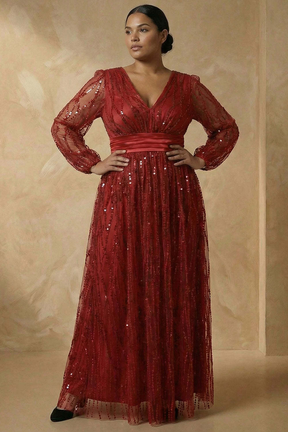 Burgundy Sparkly V Neck Sequin A Line Long Mother of the Bride Dress