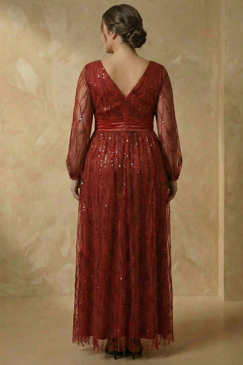 Burgundy Sparkly V Neck Sequin A Line Long Mother of the Bride Dress