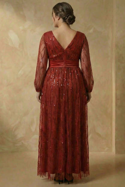 Burgundy Sparkly V Neck Sequin A Line Long Mother of the Bride Dress