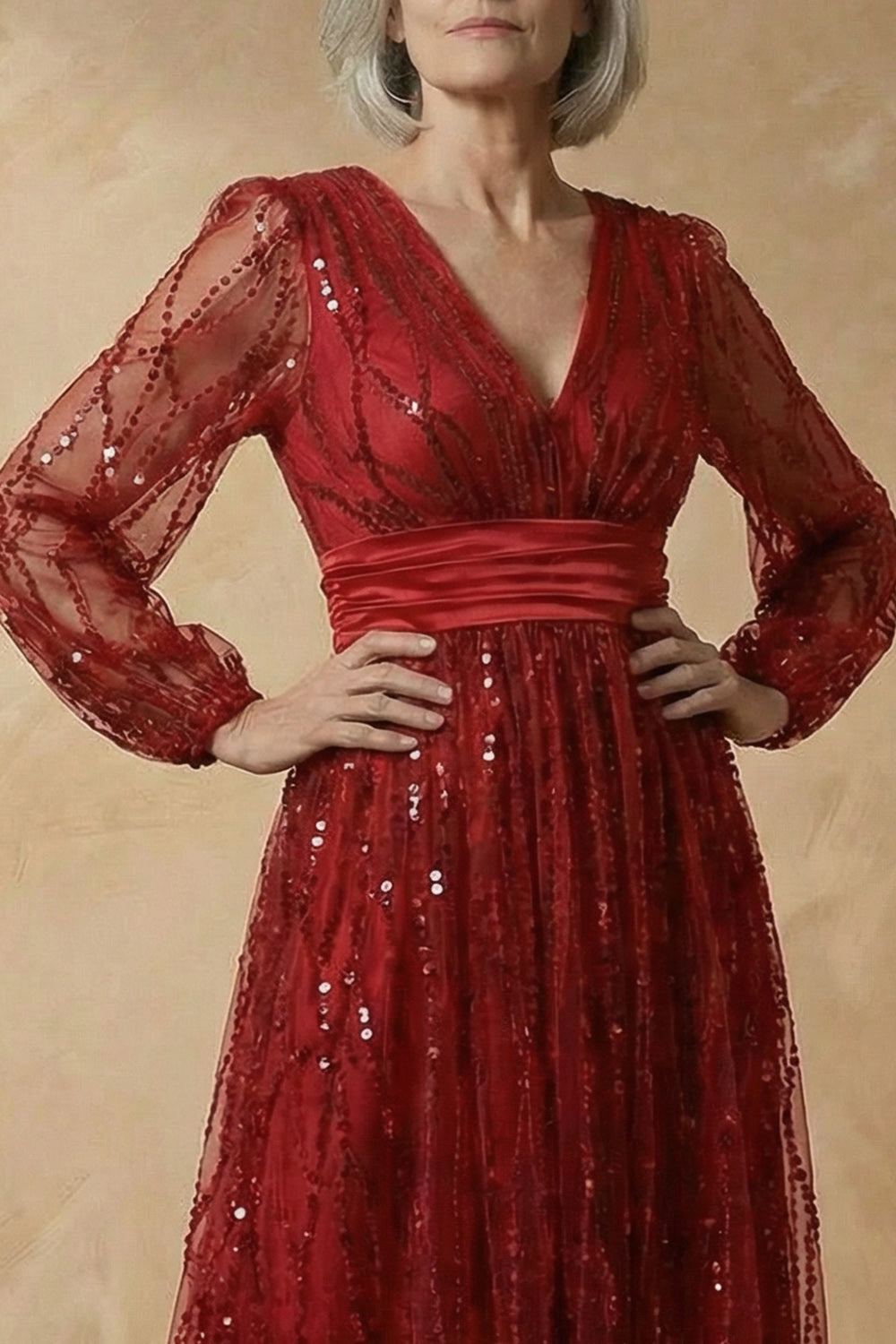 Burgundy Sparkly V Neck Sequin A Line Long Mother of the Bride Dress