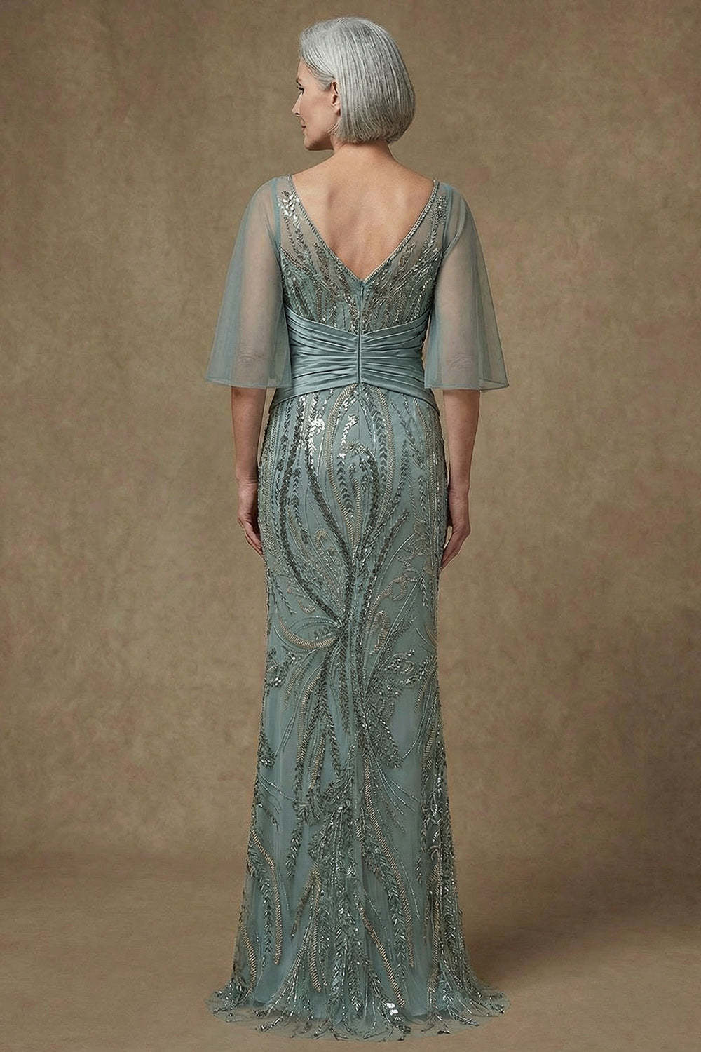 Grey Green Sparkly Appliqued Sequin Mermaid Long Mother of the Bride Dress with Slit