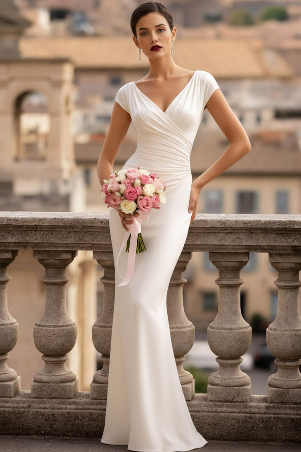 White Mermaid V-Neck Ruched Long Wedding Reception Dress