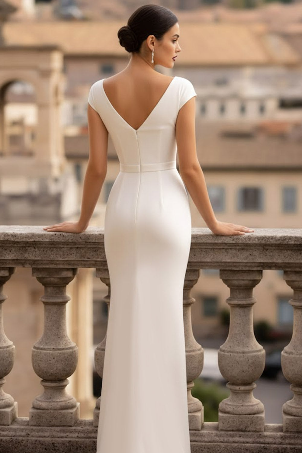White Mermaid V-Neck Ruched Long Wedding Reception Dress
