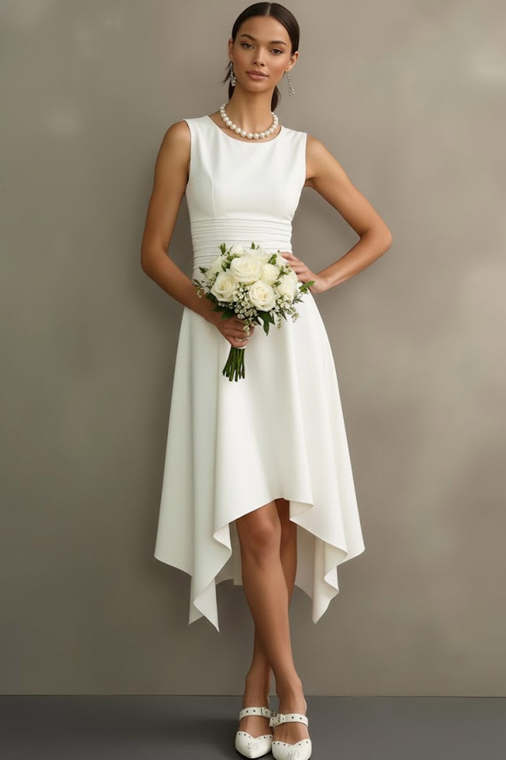 Leely Women White Asymmetrical Engagement Dress Scoop Neck Ruched A Line Bridal Shower Dress