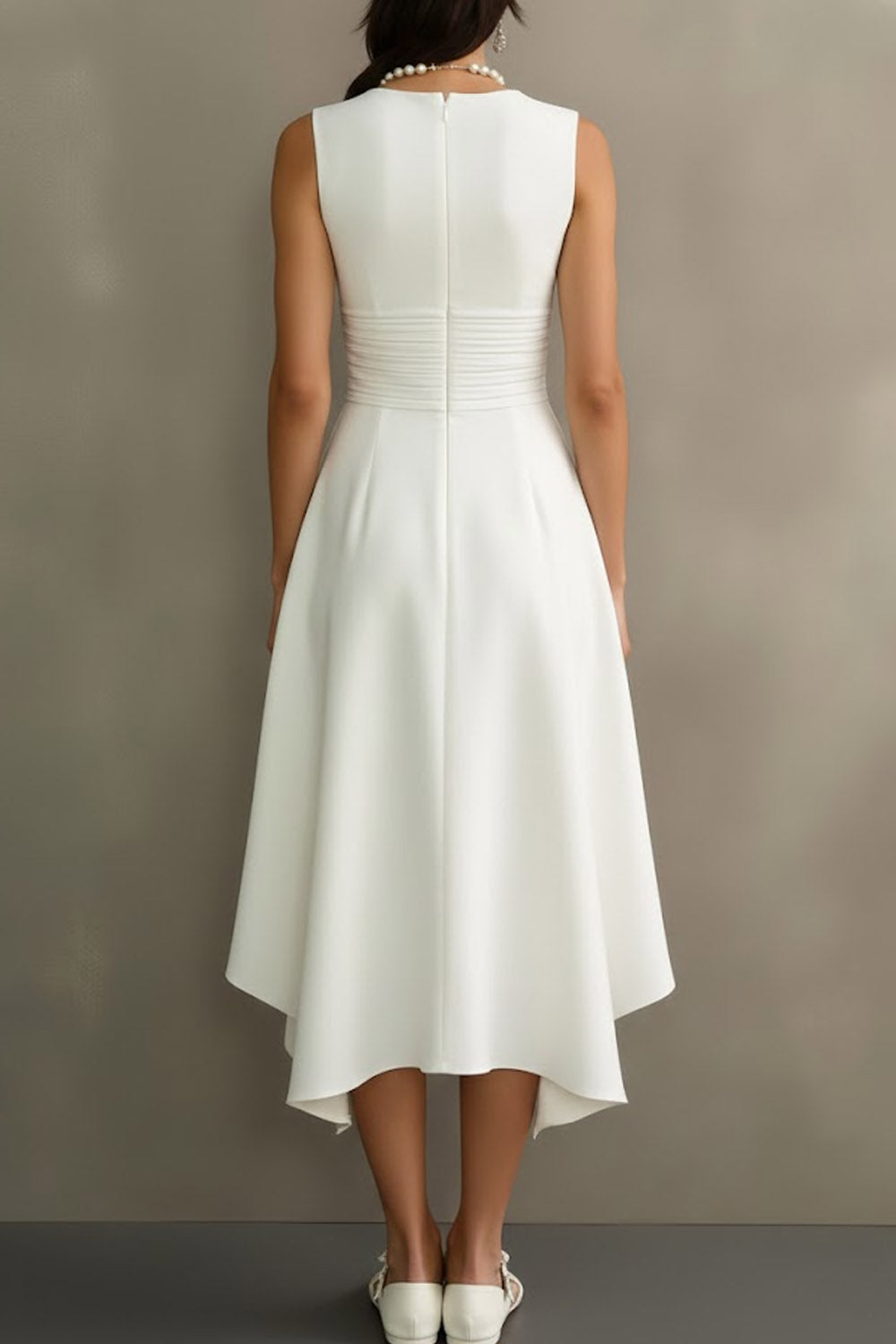 White Scoop Neck Ruched Asymmetrical Engagement Dress