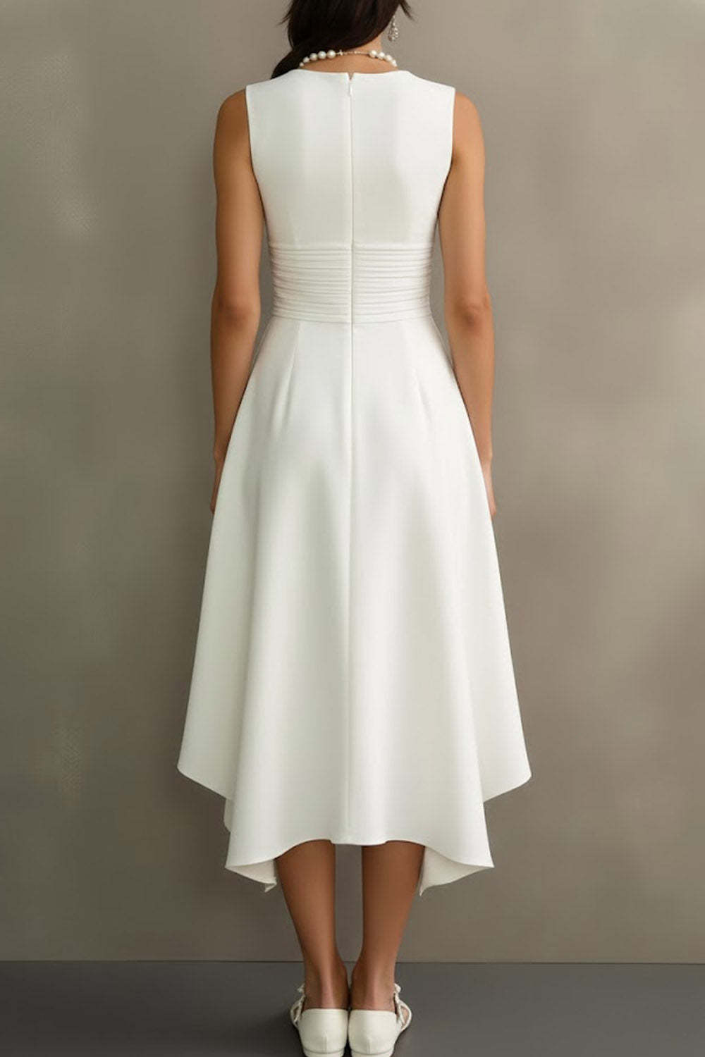 White Scoop Neck Ruched Asymmetrical Engagement Dress