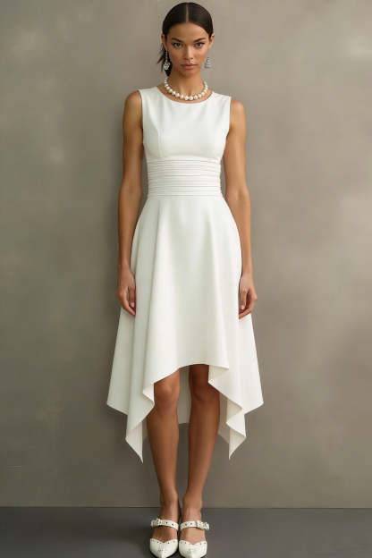 White Scoop Neck Ruched Asymmetrical Engagement Dress
