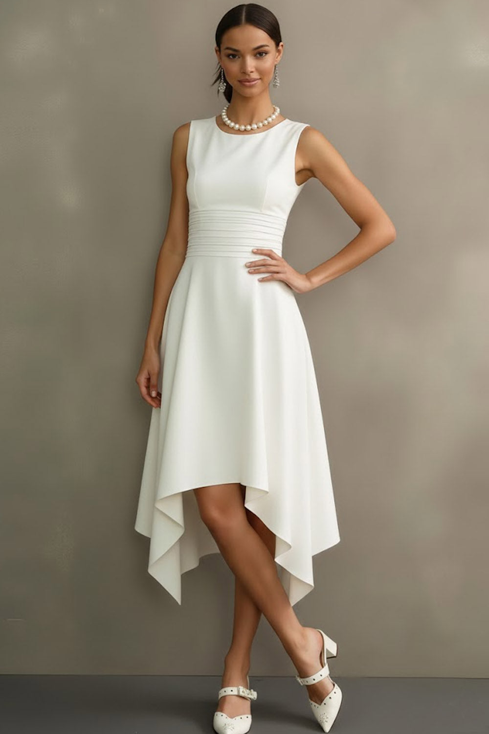 White Scoop Neck Ruched Asymmetrical Engagement Dress