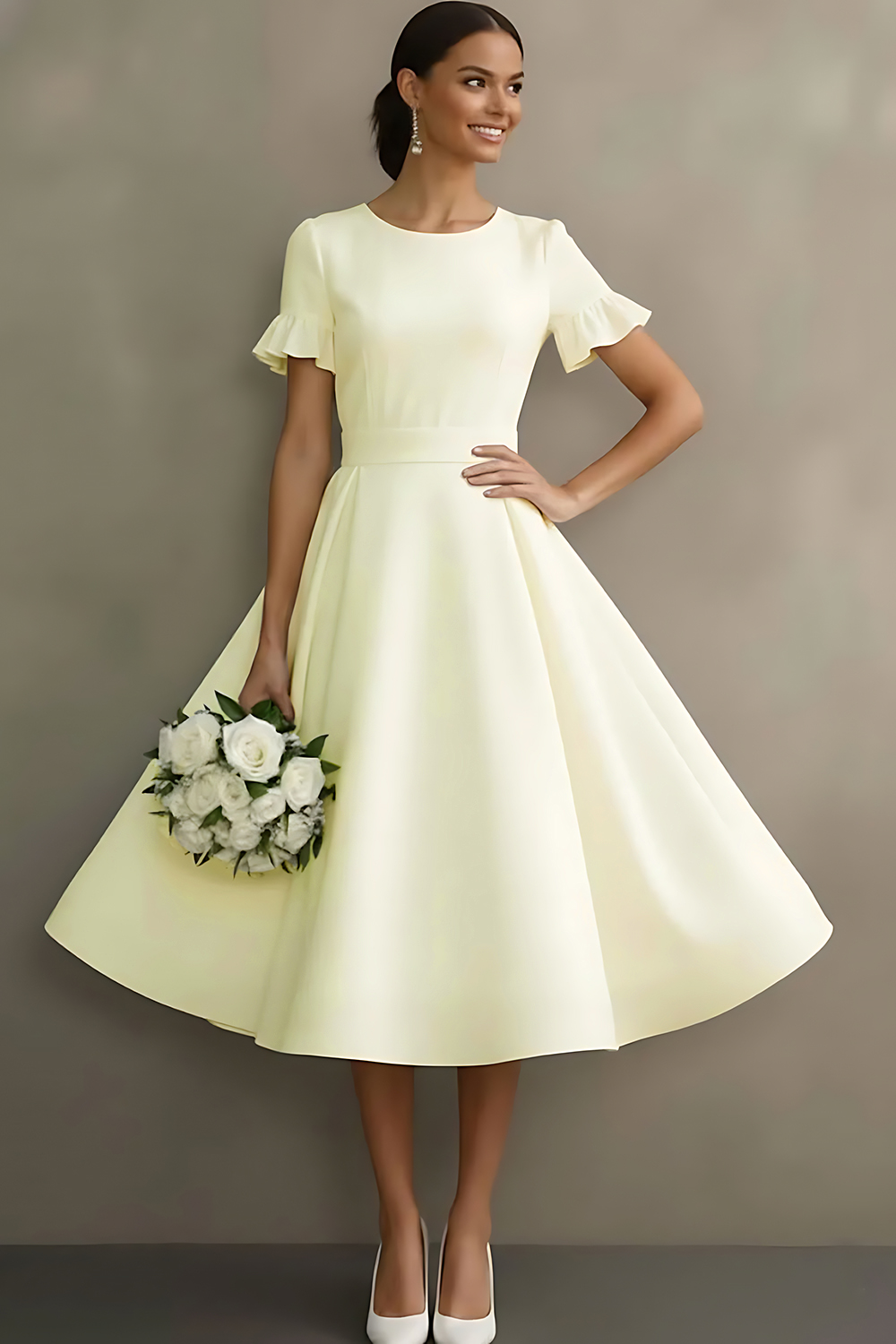 White Ruffled Jewel Neck A Line Midi Engagement Dress with Sleeves
