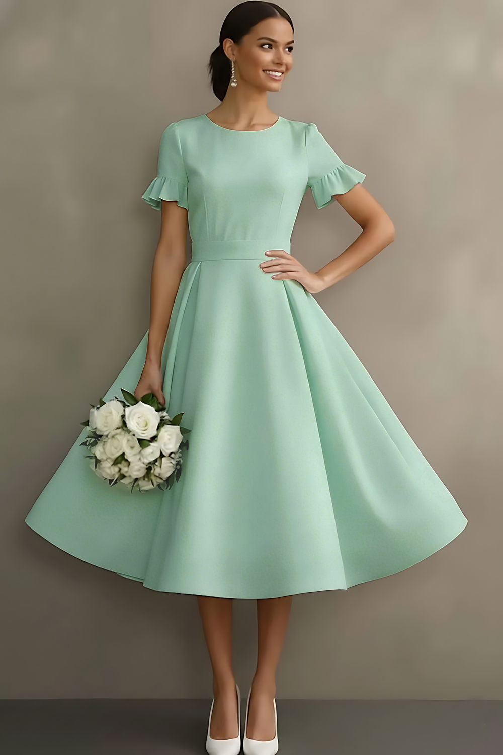 Leely Women White Ruffled Midi Engagement Dress Jewel Neck A Line Bridal Shower Dress with Sleeves