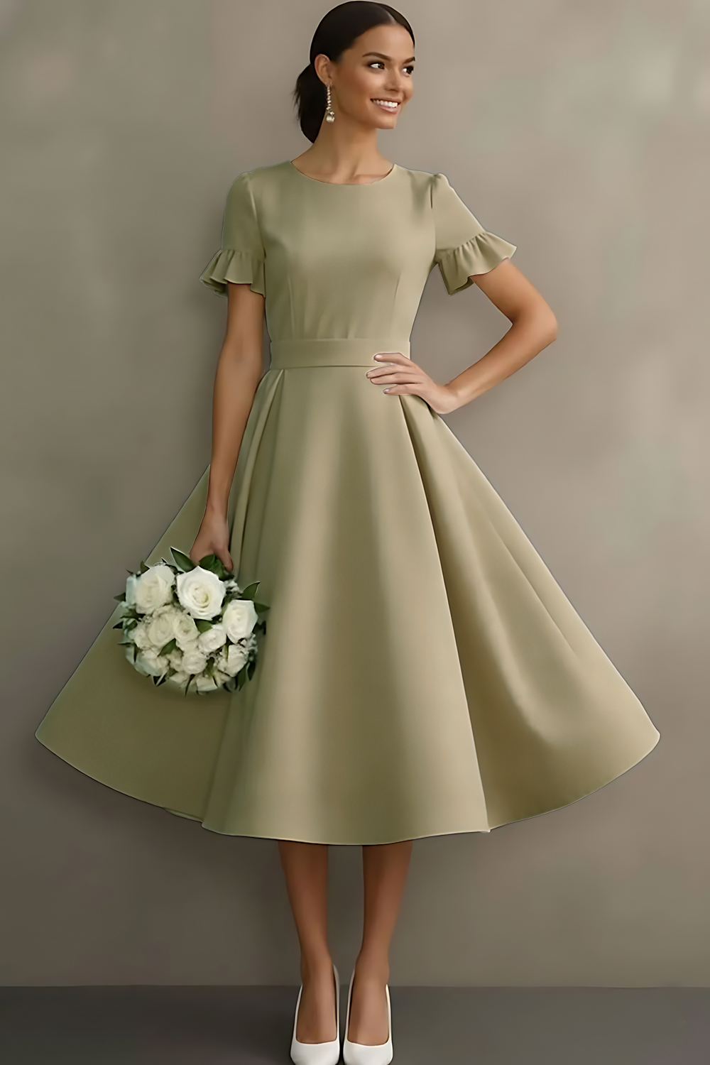 White Ruffled Jewel Neck A Line Midi Engagement Dress with Sleeves