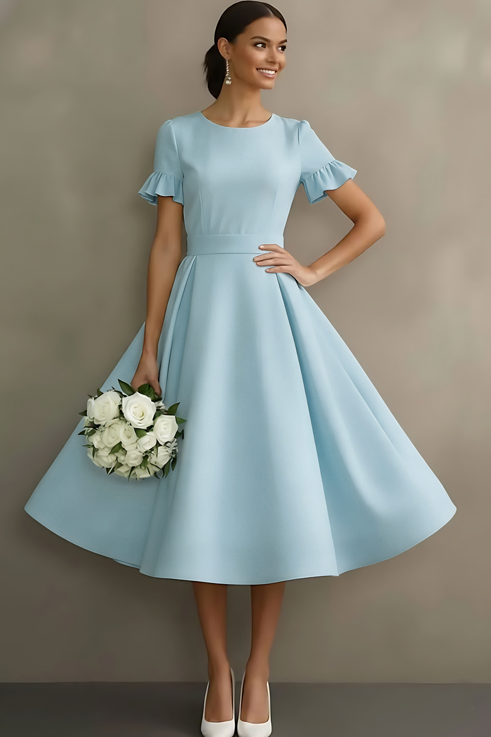 White Ruffled Jewel Neck A Line Midi Engagement Dress with Sleeves