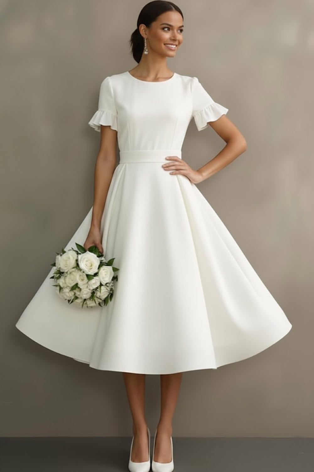 White Ruffled Jewel Neck A Line Midi Engagement Dress with Sleeves