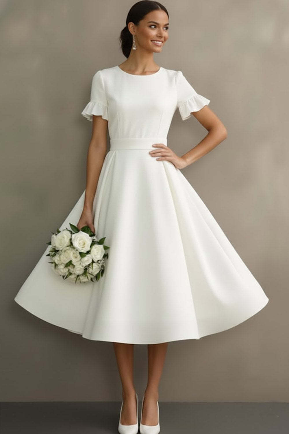Leely Women White Ruffled Midi Engagement Dress Jewel Neck A Line Bridal Shower Dress with Sleeves