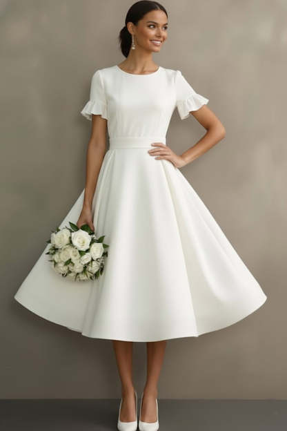 Leely Women White Ruffled Midi Engagement Dress Jewel Neck A Line Bridal Shower Dress with Sleeves