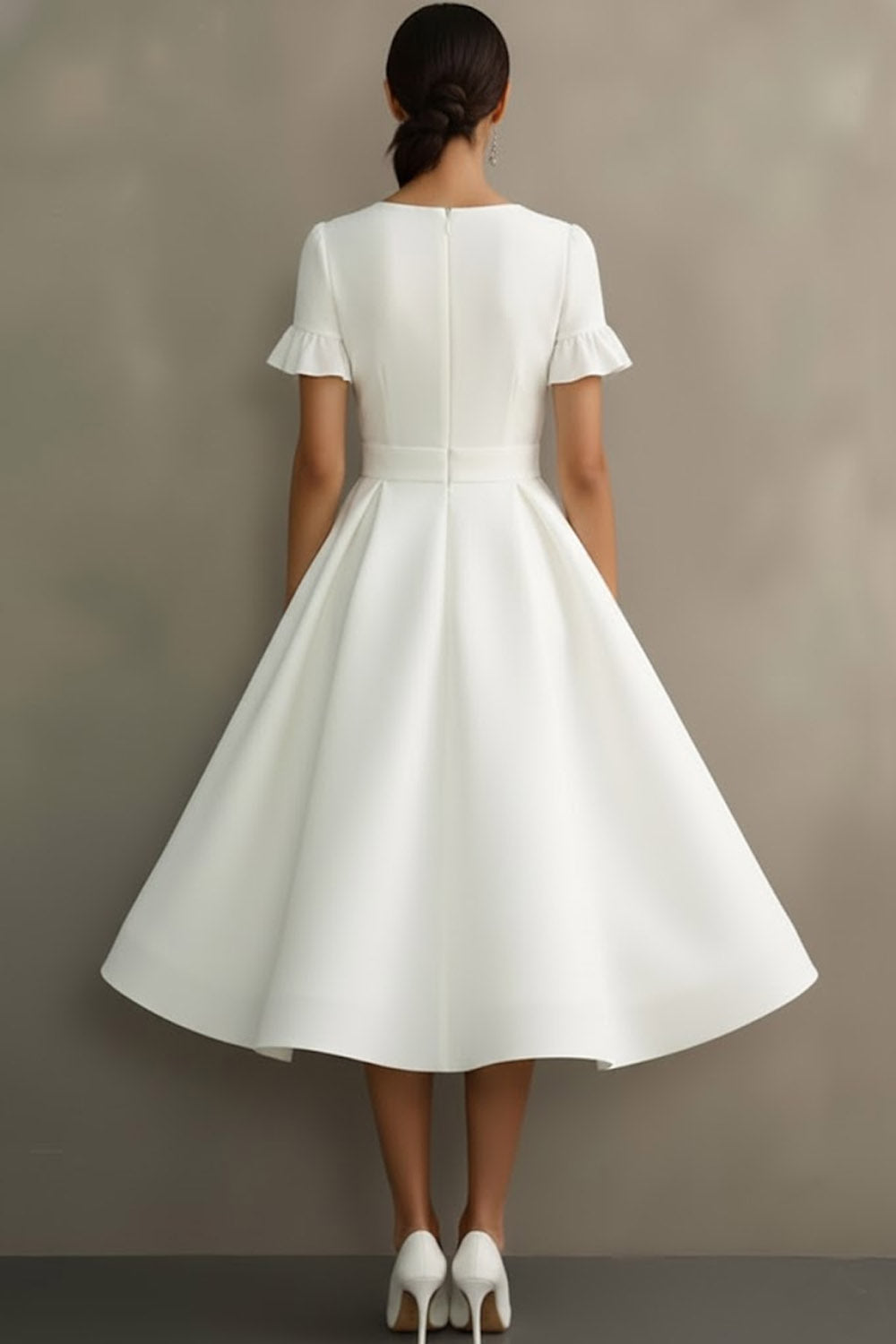 White Ruffled Jewel Neck A Line Midi Engagement Dress with Sleeves