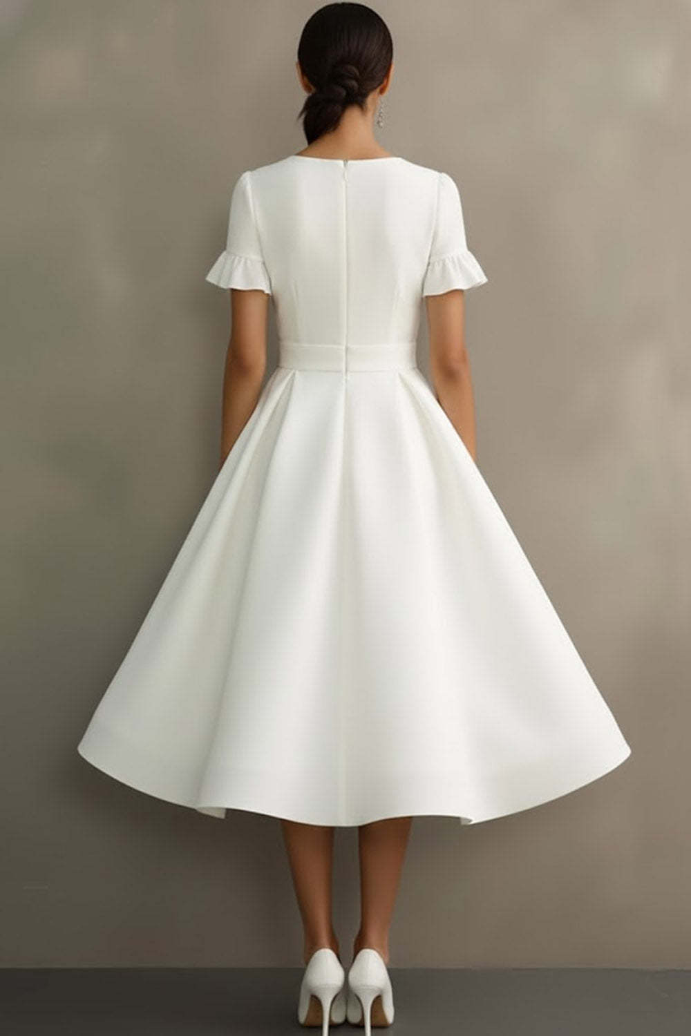 White Ruffled Jewel Neck A Line Midi Engagement Dress with Sleeves
