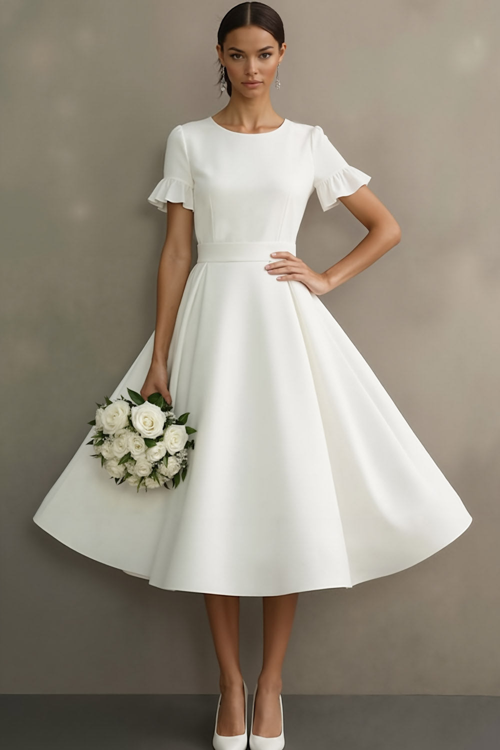 White Ruffled Jewel Neck A Line Midi Engagement Dress with Sleeves