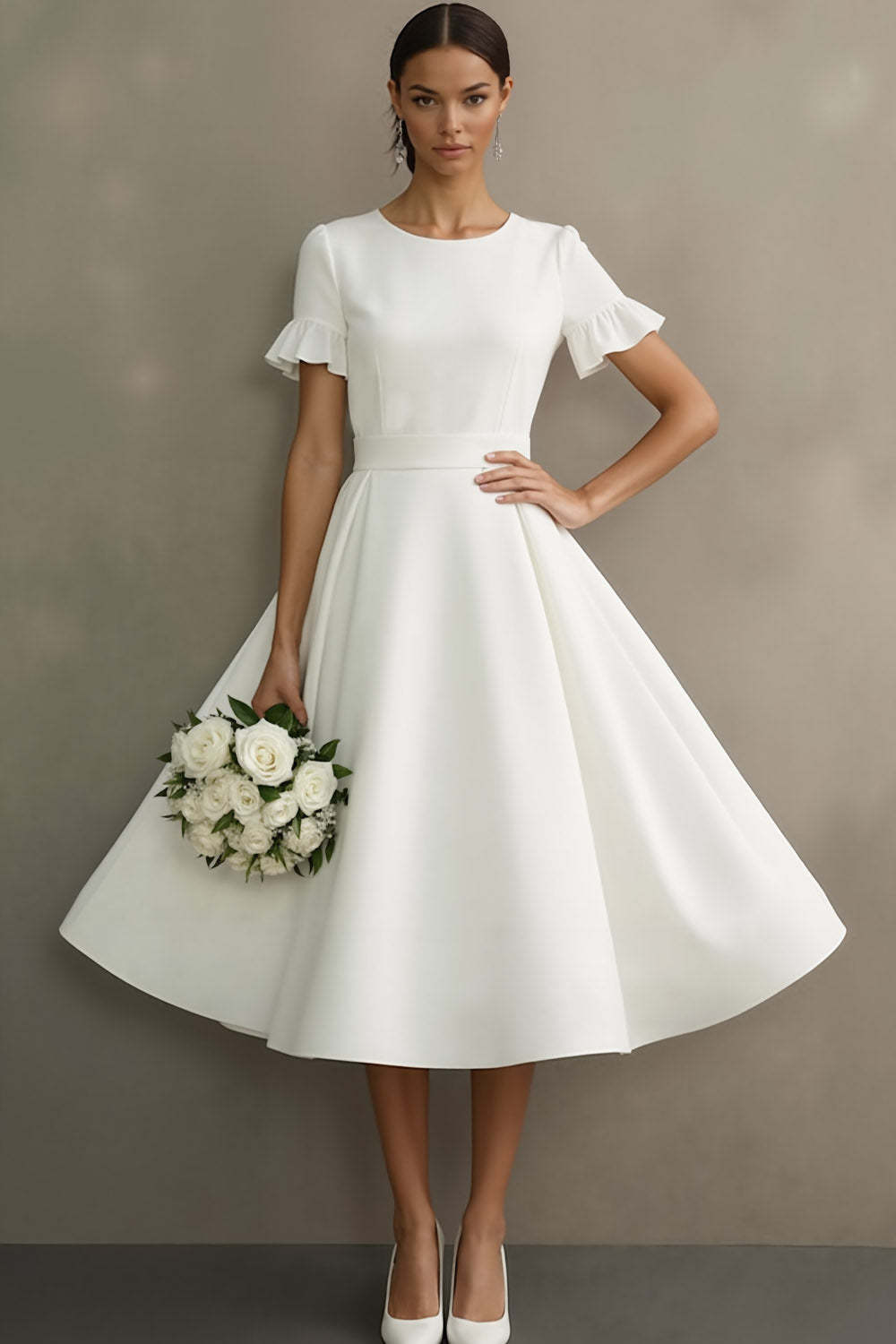 White Ruffled Jewel Neck A Line Midi Engagement Dress with Sleeves