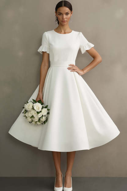 White Ruffled Jewel Neck A Line Midi Engagement Dress with Sleeves