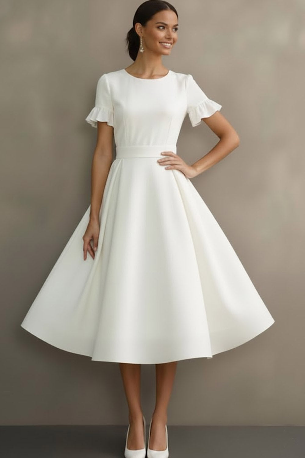 White Ruffled Jewel Neck A Line Midi Engagement Dress with Sleeves