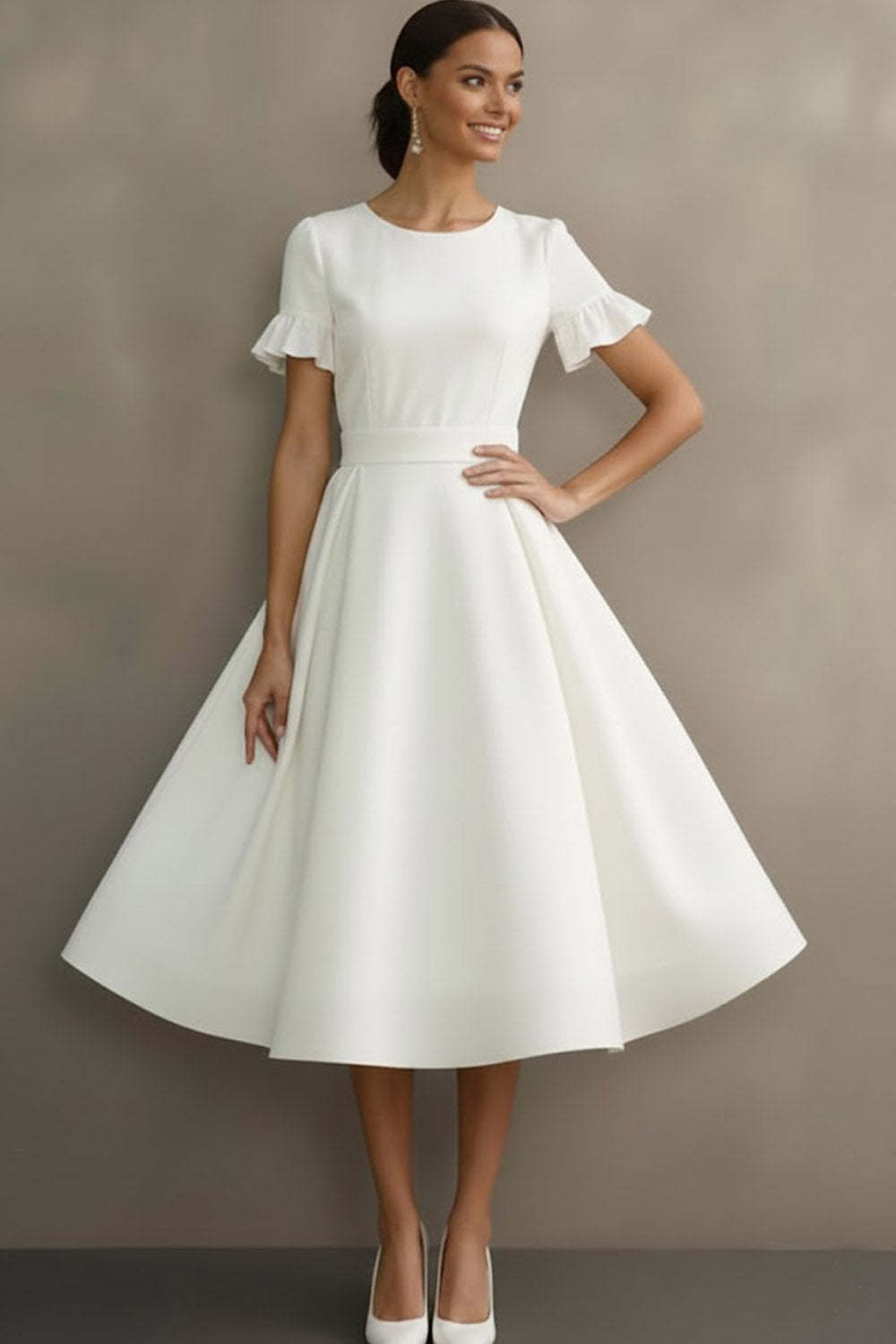 White Ruffled Jewel Neck A Line Midi Engagement Dress with Sleeves