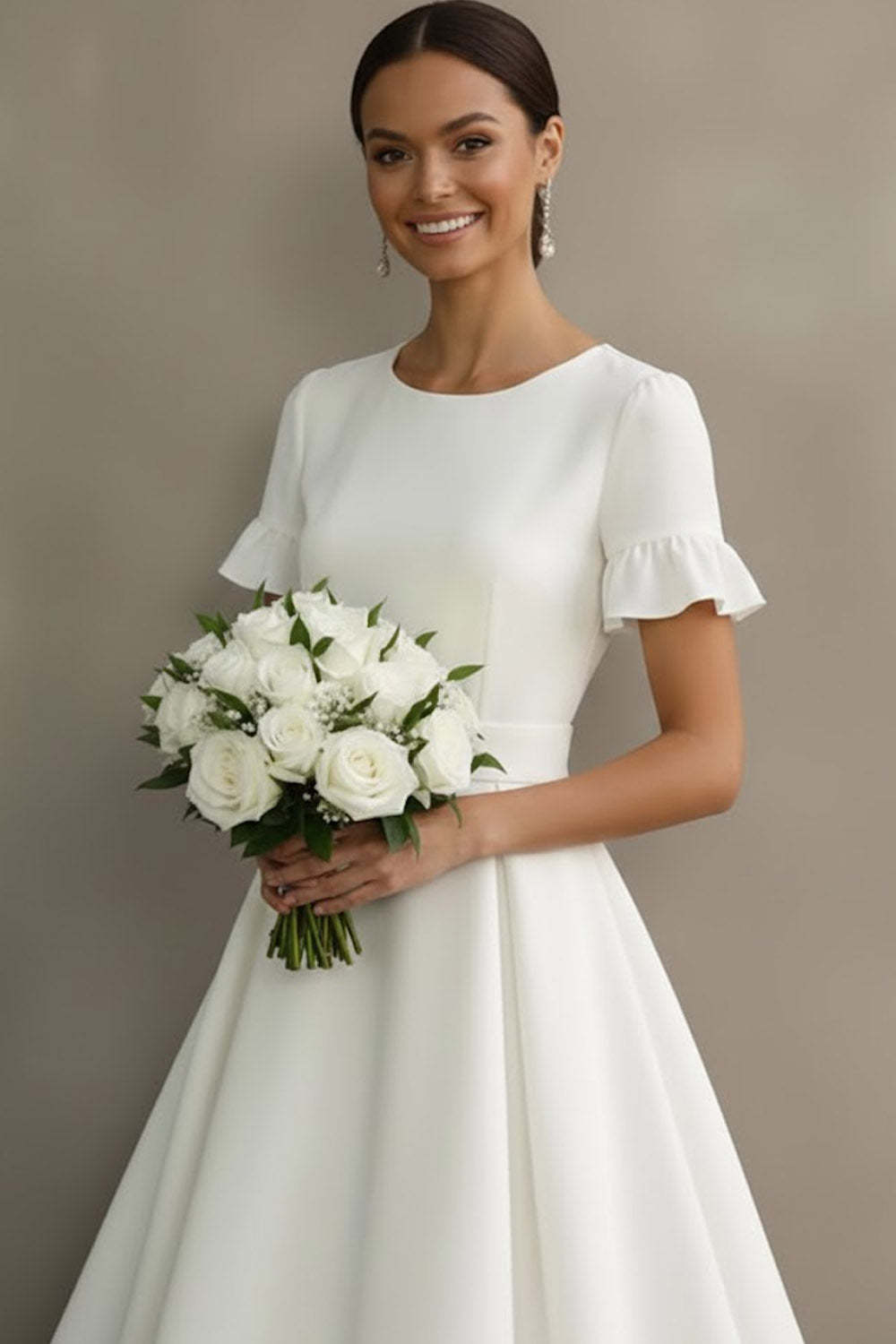 White Ruffled Jewel Neck A Line Midi Engagement Dress with Sleeves