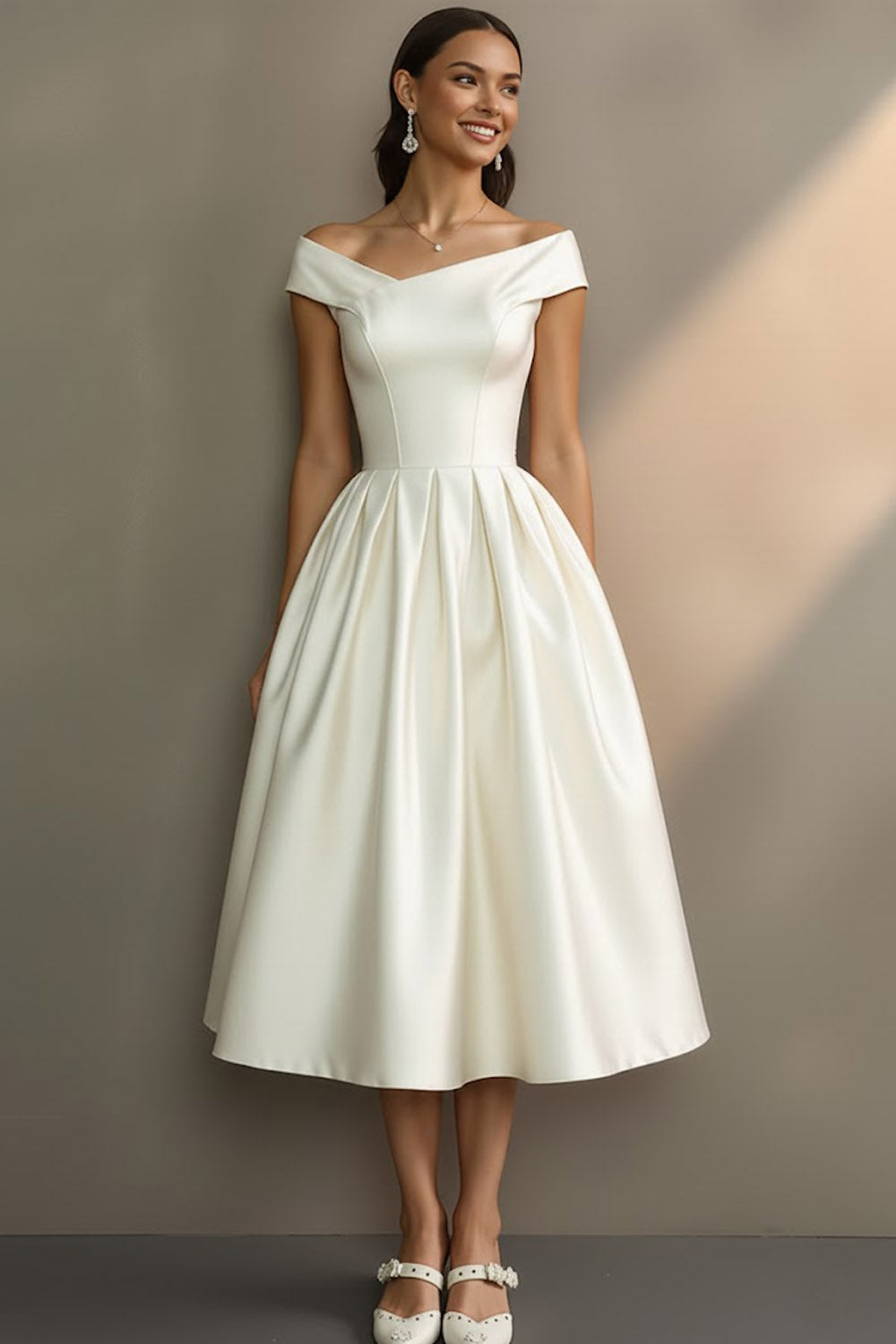Leely Women Simple White Midi Engagement Dress Off the Shoulder A Line Bridal Dress