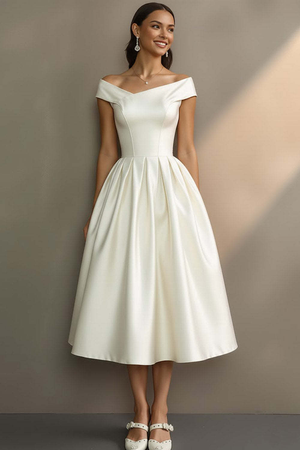 Leely Women Simple White Midi Engagement Dress Off the Shoulder A Line Bridal Dress