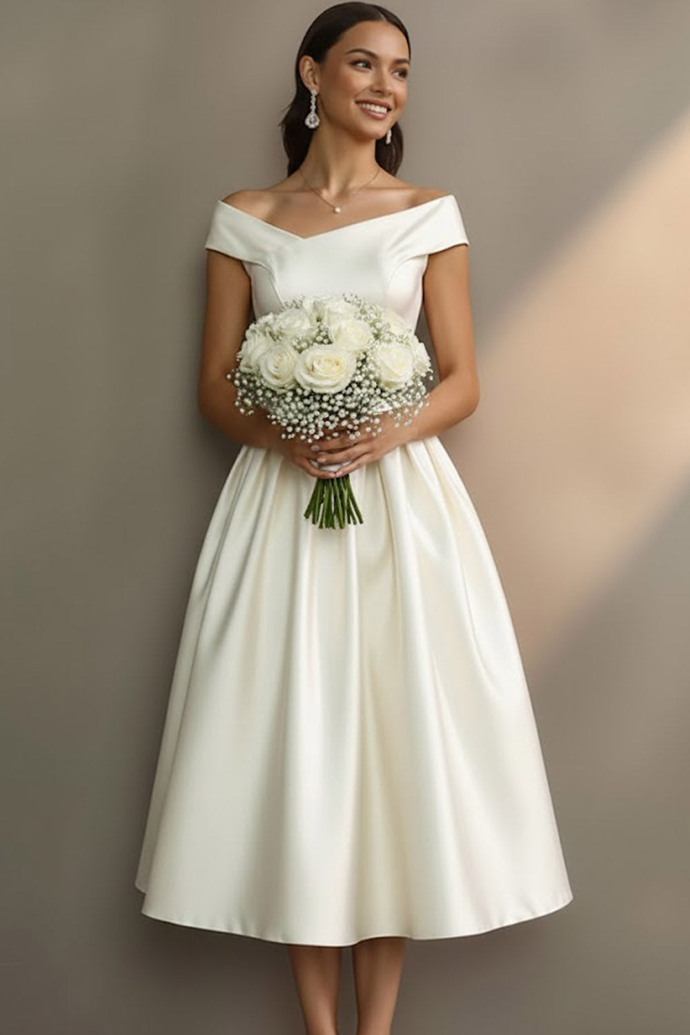Simple White Off the Shoulder A Line Midi Engagement Dress