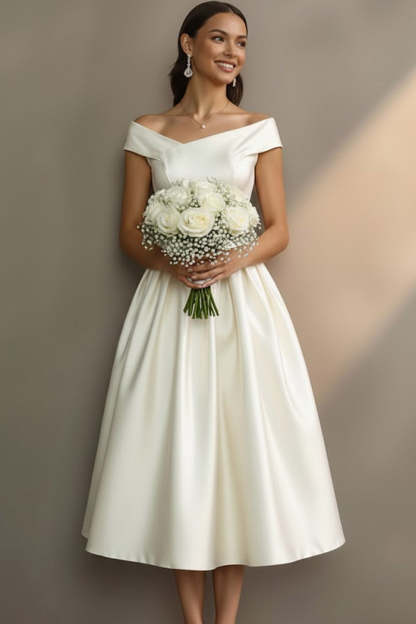 Simple White Off the Shoulder A Line Midi Engagement Dress