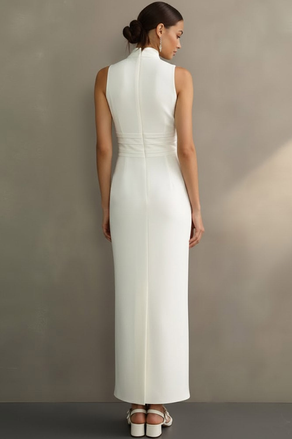 Simple White High Neck Long Wedding Reception Dress with Bow