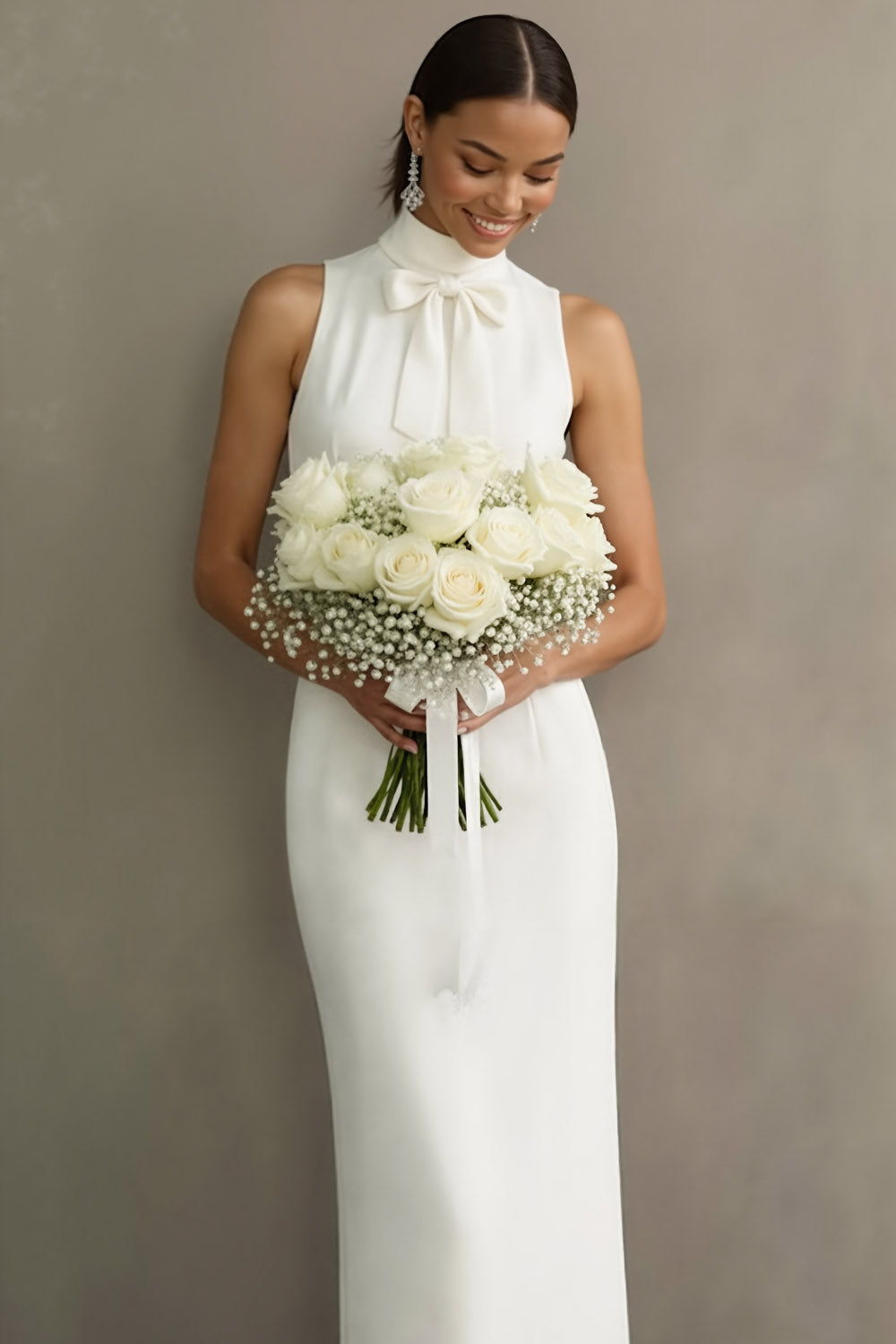 Simple White High Neck Long Wedding Reception Dress with Bow