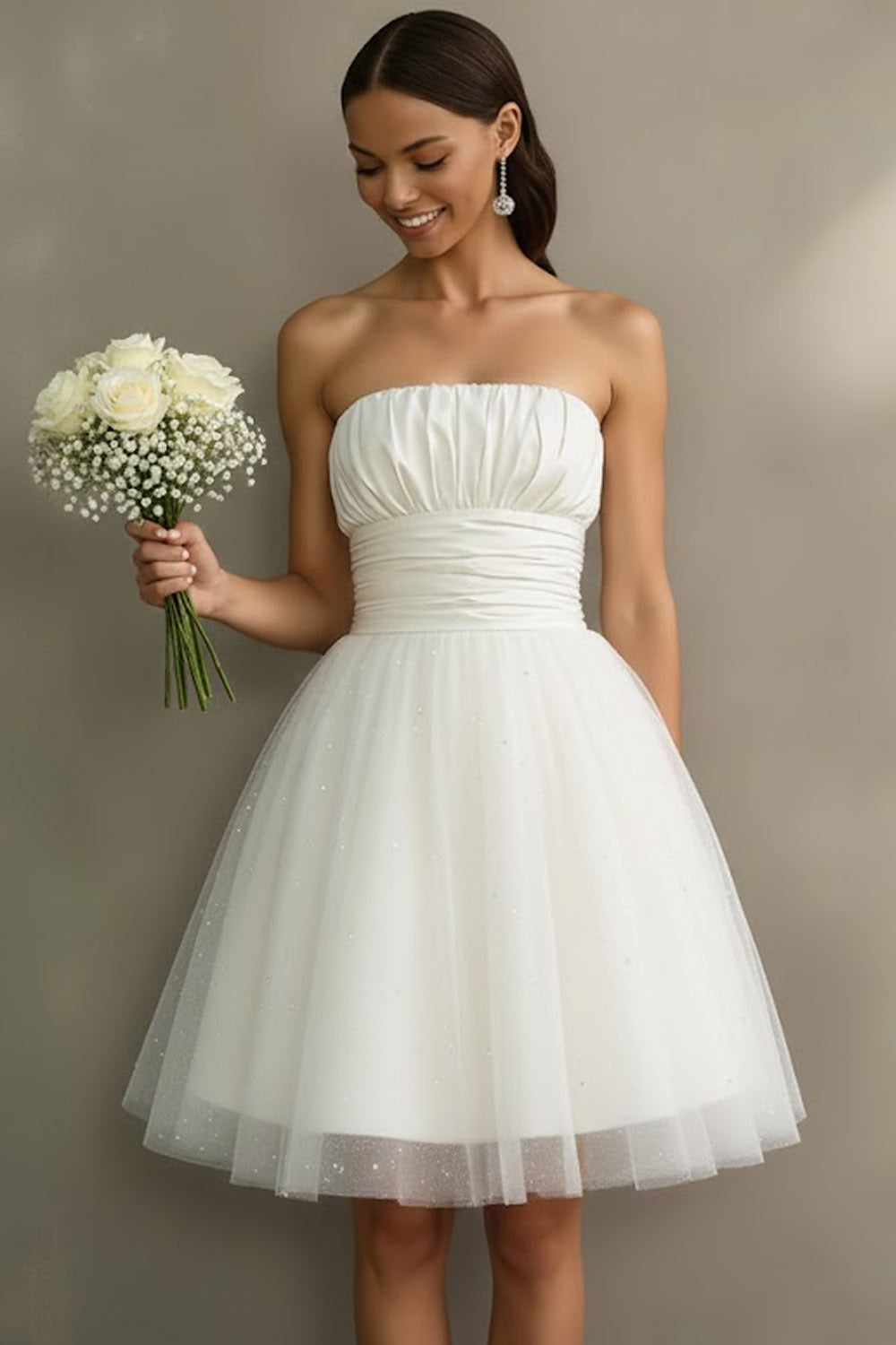 Sparkly White tulle Glitter Strapless A Line Short Engagement Dress
