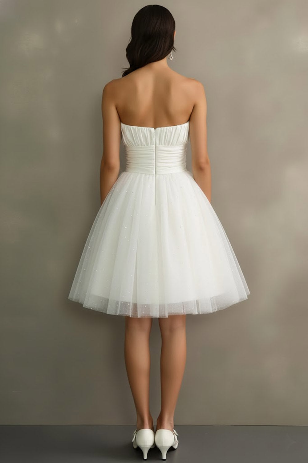 Sparkly White tulle Glitter Strapless A Line Short Engagement Dress