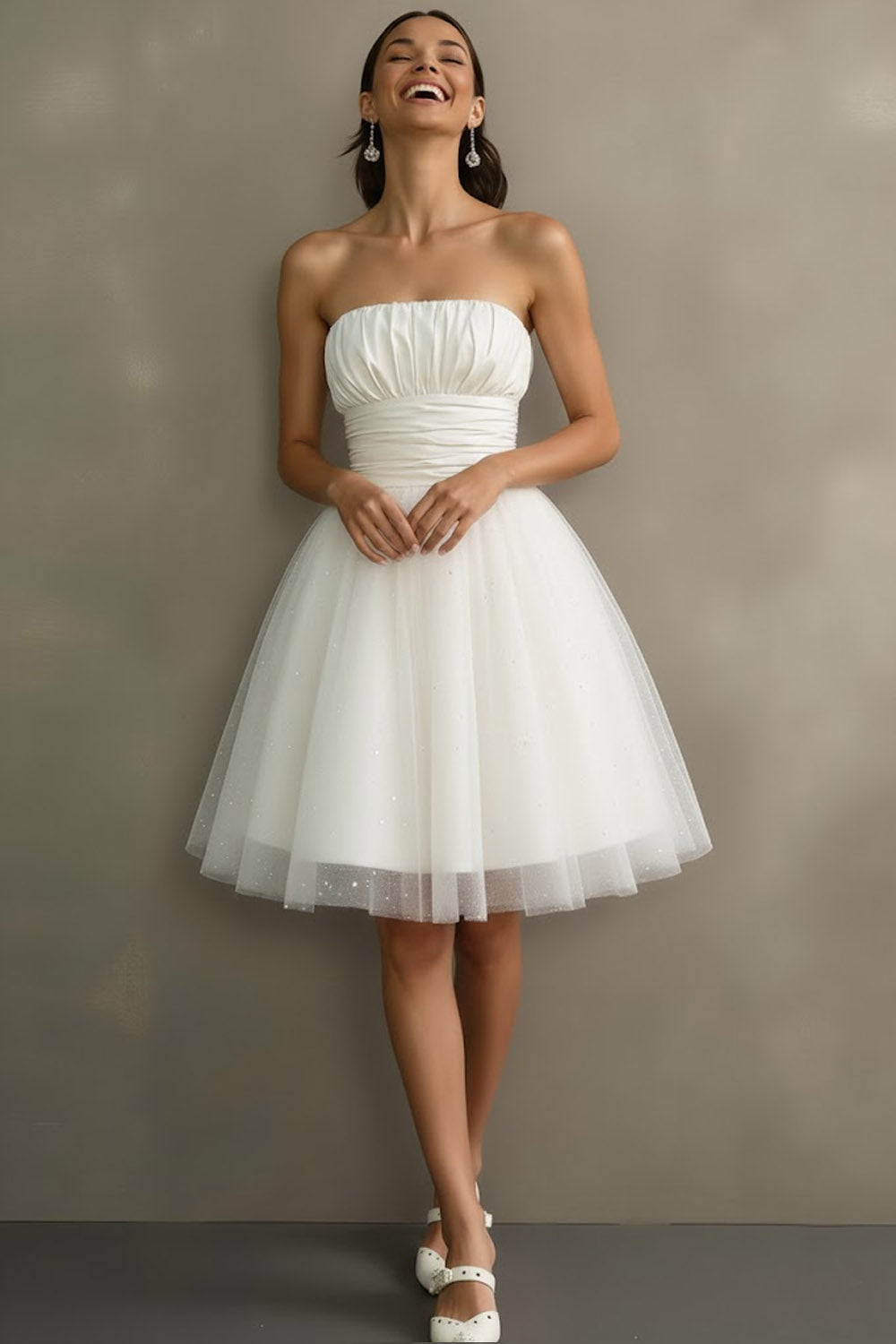 Sparkly White tulle Glitter Strapless A Line Short Engagement Dress
