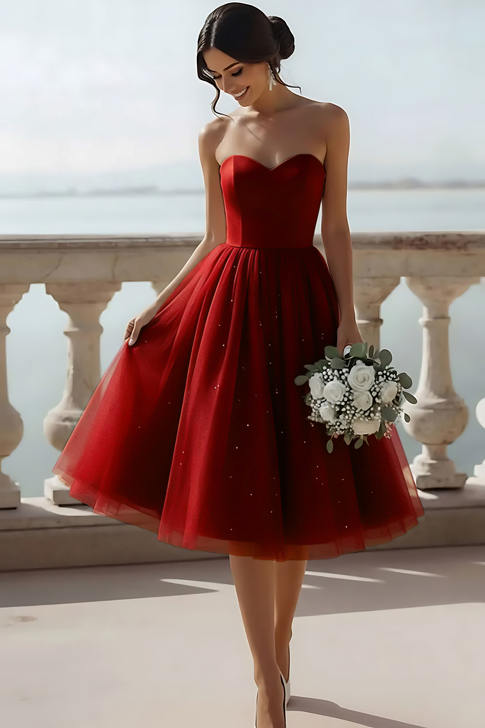 English Rose Glitter Tulle Sweetheart A Line Midi Bridesmaid Dress