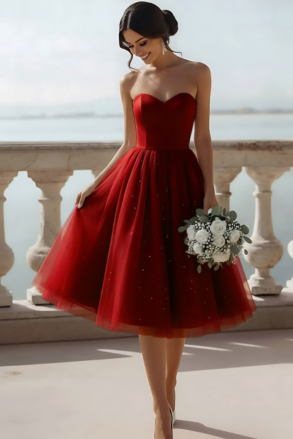 English Rose Glitter Tulle Sweetheart A Line Midi Bridesmaid Dress
