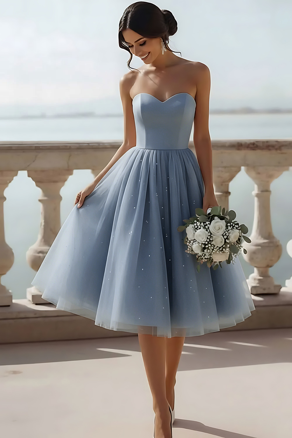 English Rose Glitter Tulle Sweetheart A Line Midi Bridesmaid Dress
